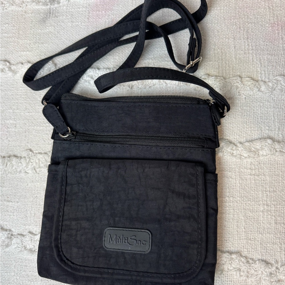 MultiSac Black Crinkle Nylon Fabric Utility Crossbody Travel Bag
